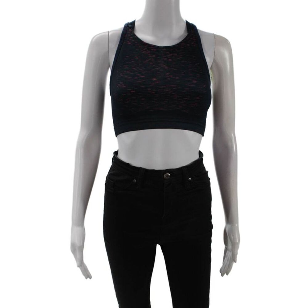 LNDR Womens Striped Print Ribbed Elastic Sports Bra Navy Size XS
